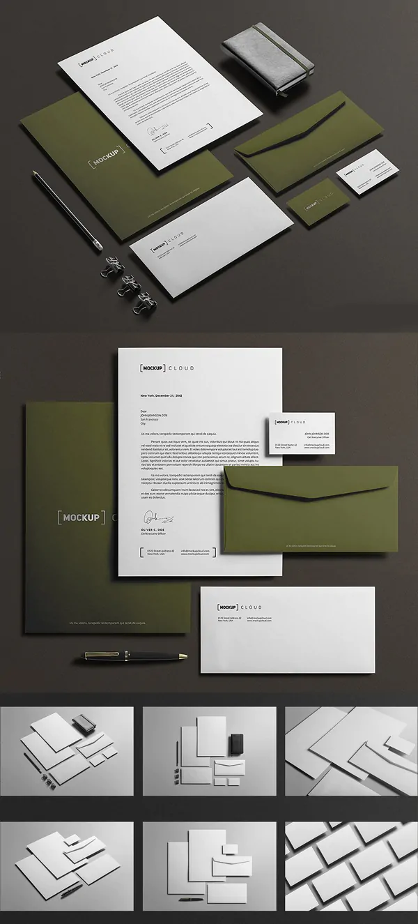 A set of custom business cards, letterheads, and envelopes.