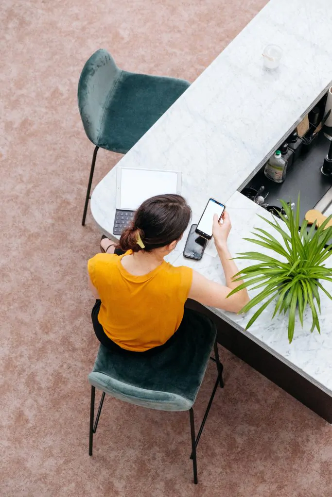 Une femme assise à un bureau avec un ordinateur portable, qui se concentre sur les intégrations de marketing par courriel, et une plante.