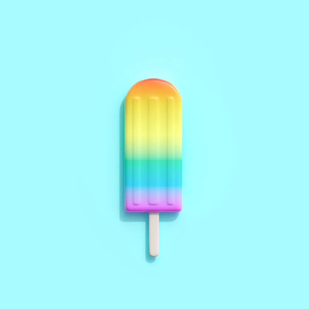 A rainbow ice cream pop with brand colors on a blue background.