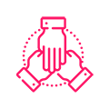 Icône de ligne rose représentant deux mains se tenant l'une l'autre, conçue par une agence de marketing.