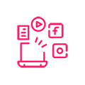 Une icône rose avec un ordinateur portable et des icônes de médias sociaux pour une agence de marketing.